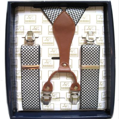 35mm Casual Elastic Men Suspender Braces Black & White with Brown Leather Junction Suspender Braces Model #3