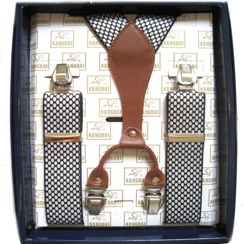 35mm Casual Elastic Men Suspender Braces Black & White with Brown Leather Junction Suspender Braces Model #3