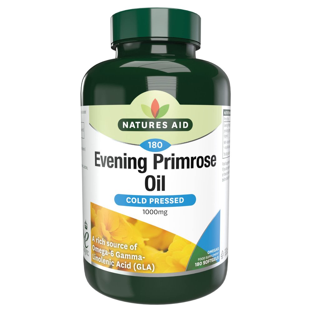 Natures Aid Evening Primrose Oil 1000mg  Cold Pressed Omega-6 GLA  Supports Hormonal Balance, Skin Health & Anti-Inflammatory Function  Non-GMO, Gluten-Free  180 Softgels
