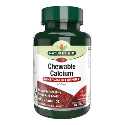 Natures Aid Chewable Calcium 400mg with Vitamin D3  Supports Bones, Teeth & Immunity  High Strength, Vegan, Non-GMO, Gluten-Free, Natural Supplement  60 Lemon Flavoured Tablets