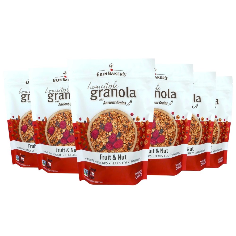 Erin Baker's Homestyle Granola, Fruit & Nut, Gluten-Free, Ancient Grains, Vegan, Non-GMO, Cereal, 12-ounce bags (Pack of 6)