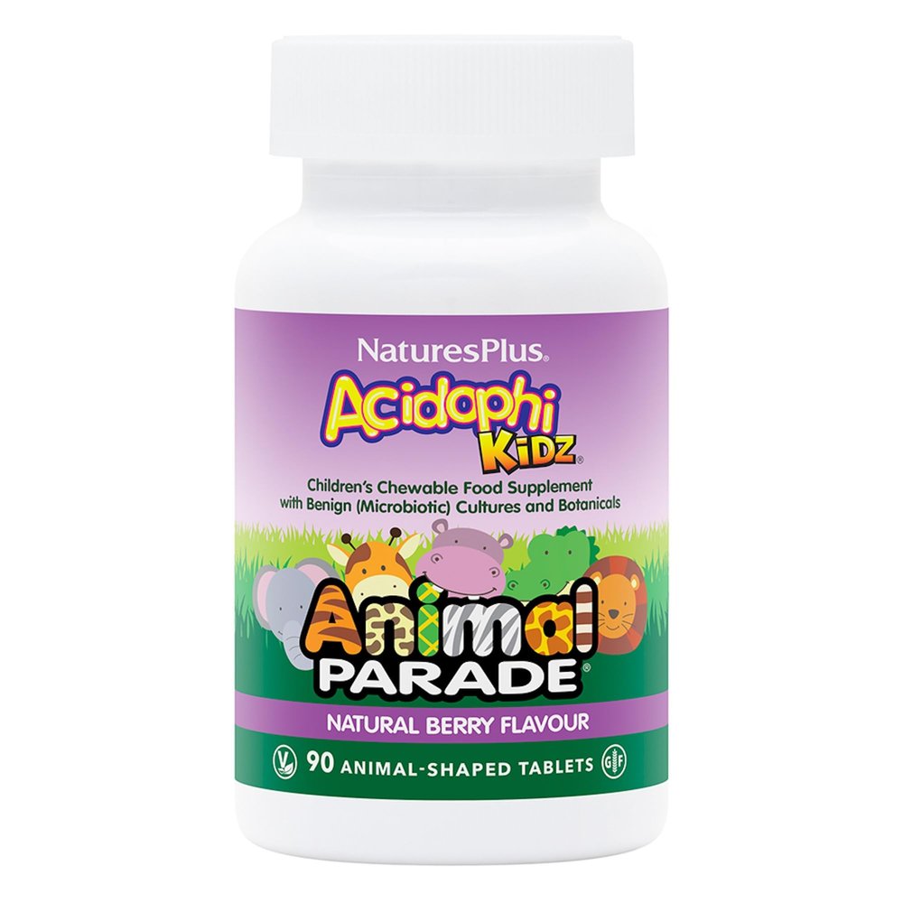 NaturesPlus Animal Parade Acidophikidz - Childrens Chewable Vegan Probiotic, Natural Mixed Berry Flavour - Vegan, Gluten Free - 90 Tablets