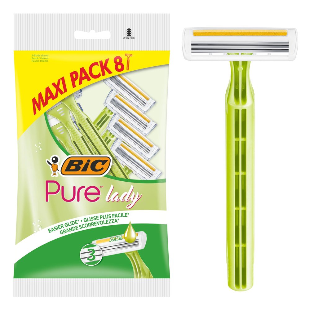 BIC Pure 3 Lady, Disposable Razors with 3 Stainless Steel Blades and Aloe Vera Lubricating Strip, Pack of 8