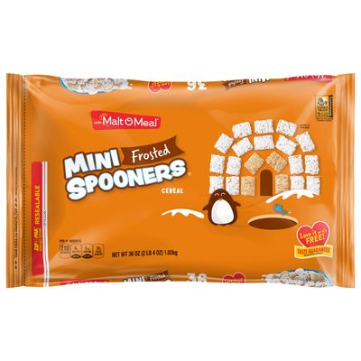 Malt-O-Meal Frosted Mini Spooners Whole Grain Breakfast Cereal, Crunchy Frosted Shredded Wheat Cereal, Large Cereal for Family, 36 OZ Resealable Cereal Bag