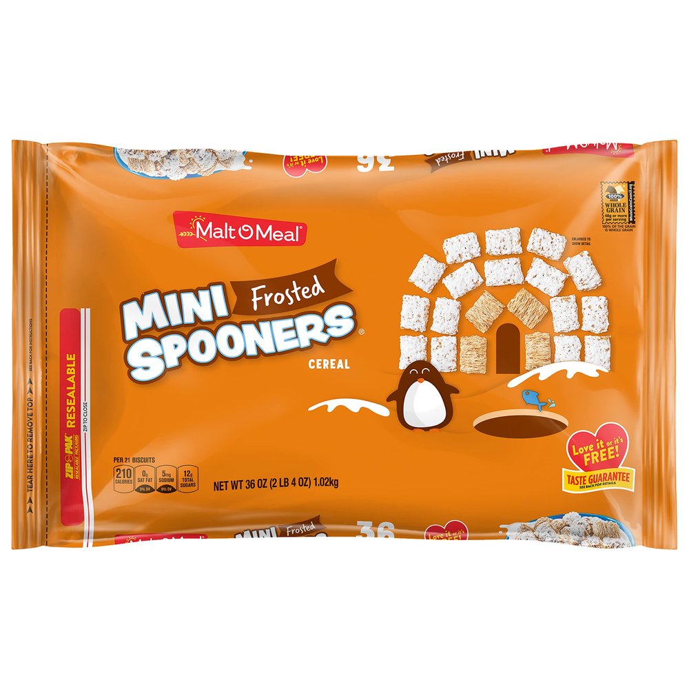 Malt-O-Meal Frosted Mini Spooners Whole Grain Breakfast Cereal, Crunchy Frosted Shredded Wheat Cereal, Large Cereal for Family, 36 OZ Resealable Cereal Bag