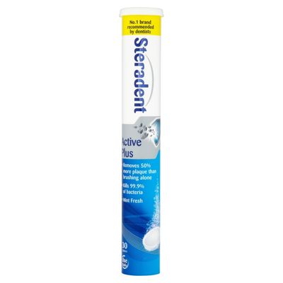 Steradent Active Plus Denture Cleaning Tablets, Mint Fresh, 30 Count - Plaque Remover, Dental Hygiene Cleanser, Cleans In 3 Minutes, Kills 99.9% Bacteria, Care Solution
