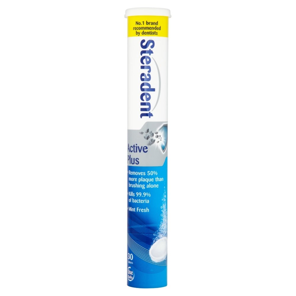 Steradent Active Plus Denture Cleaning Tablets, Mint Fresh, 30 Count - Plaque Remover, Dental Hygiene Cleanser, Cleans In 3 Minutes, Kills 99.9% Bacteria, Care Solution