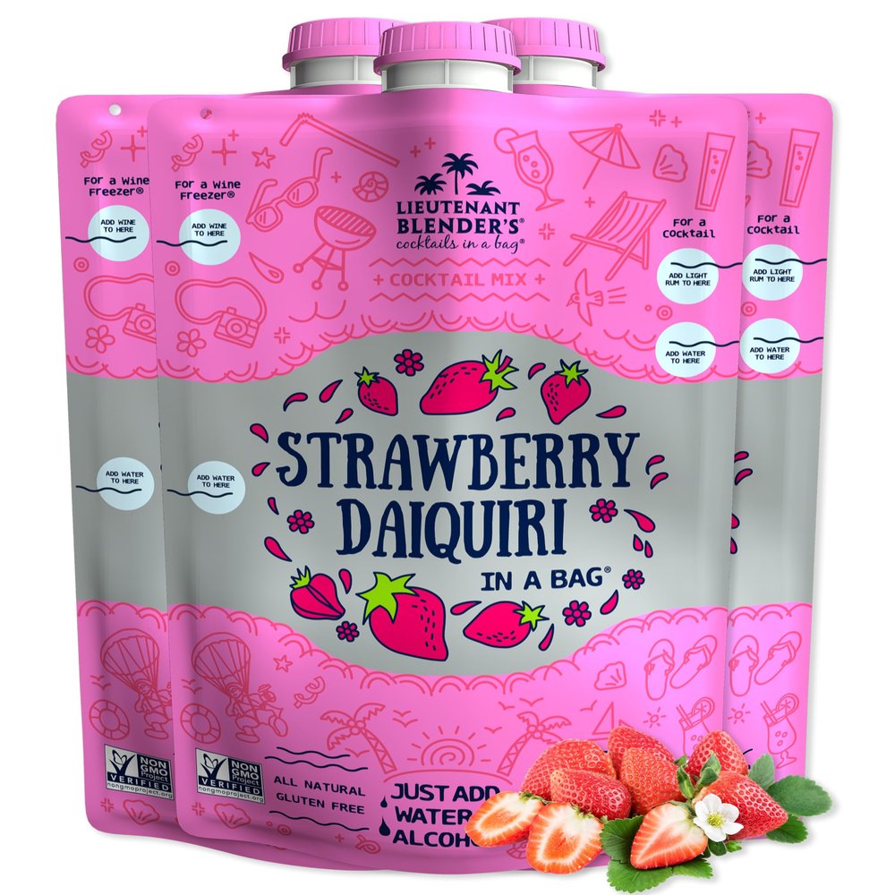 Lt. Blender's Strawberry Daiquiri in a Bag Strawberry Daiquiri Mix - Each Bag Makes 1/2 Gallon - Non-GMO No Daiquiri Machine Needed - Make a Cocktail, Wine Slushie or Mocktail - (Pack of 3)