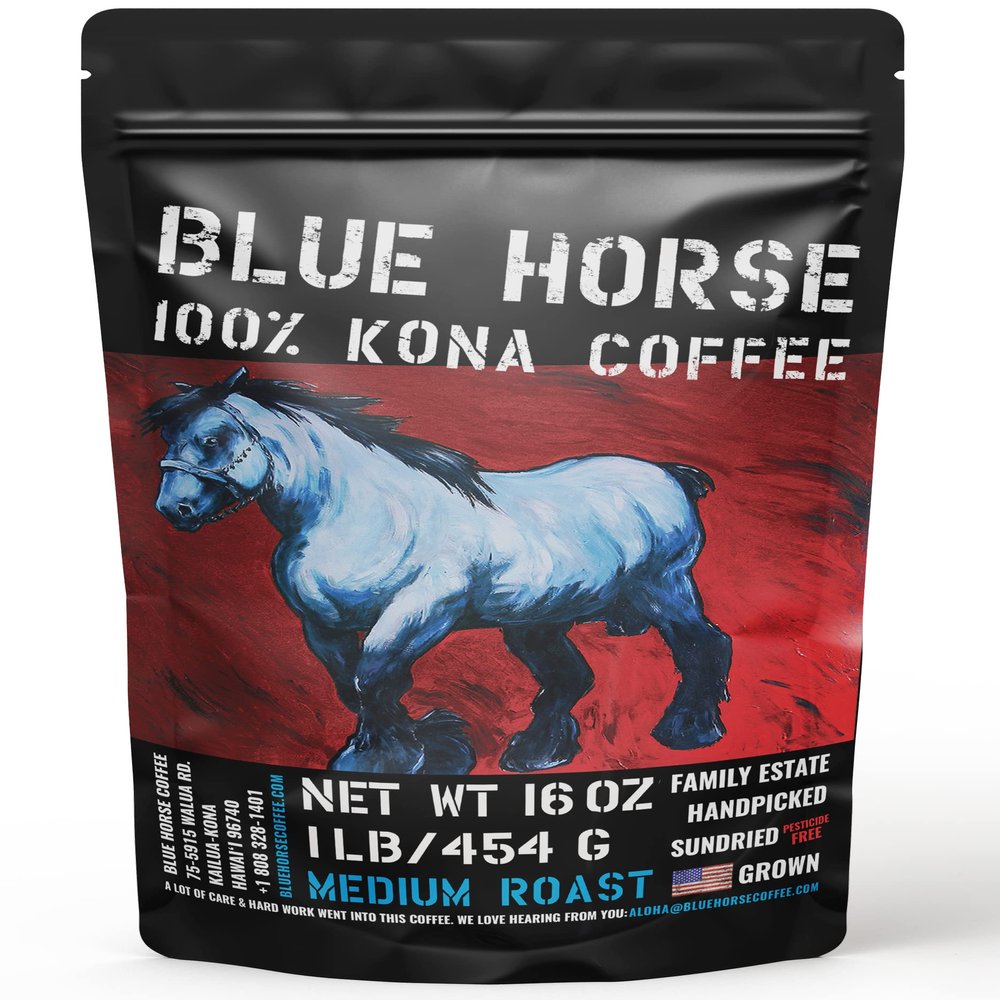 Blue Horse Kona Coffee Farm-Fresh: 100% Kona Coffee - Medium Roast - Arabica Whole Bean - 1 Lb Or 16 Oz Bag - Horse Blue 100% Kona Coffee From The Great Island Of Hawaii