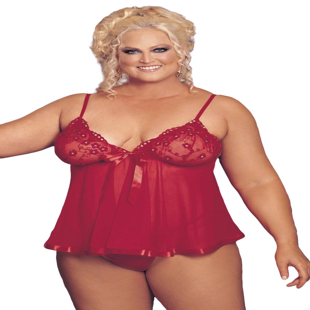 Shirley of Hollywood Sequin Embroidery and Sheer Net Babydoll, Number 96121, Queen Size, Red