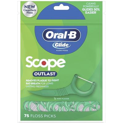Oral-B Complete Glide Dental Floss Picks Plus Scope Outlast, Long Lasting Mint, 75 Dental Floss Picks, Pack of 6 (Packaging May Vary)
