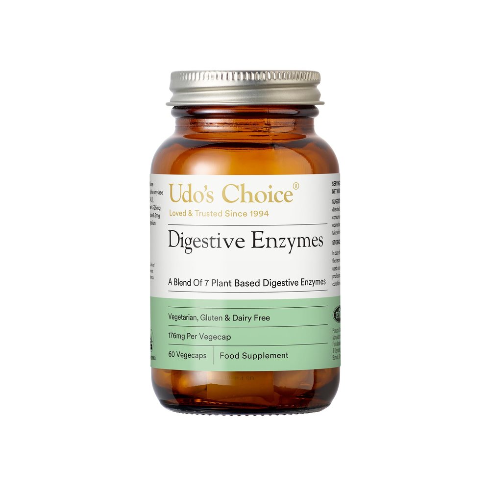 Digestive Enzymes Supplement  UDOs Choice Enzyme Blend  7 Plant-Based Enzymes for Protein, Carb & Fat Digestion  Supports Nutrient Absorption  Gluten & Dairy Free  60 Vegecaps  One a Day