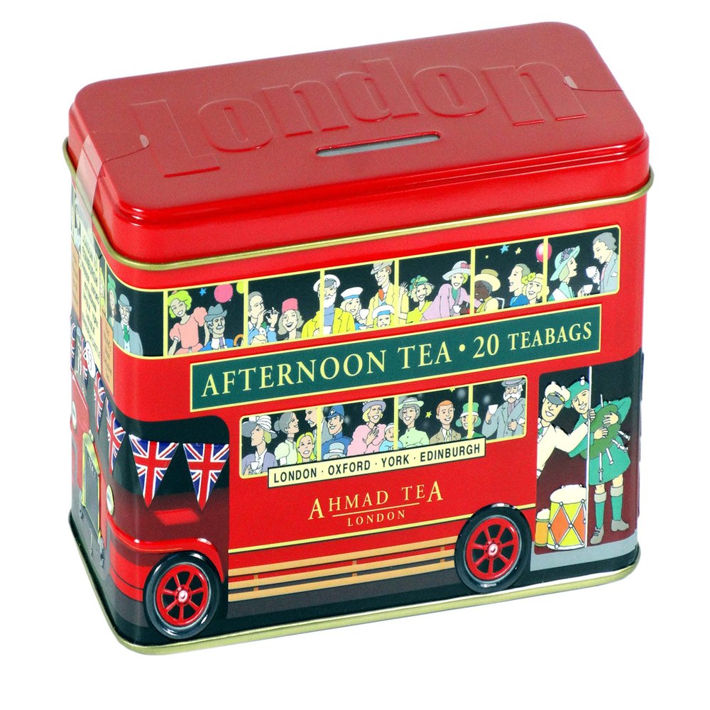 Ahmad Tea London Bus Money Box Caddy with English Breakfast Tea - 20 Teabags