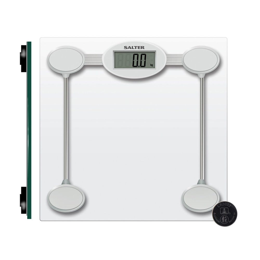 Salter 9018S SV3R Digital Bathroom Scale Electronic Body Weight Scale, Fitness Scale with 180 KG Capacity, Easy to Read LCD Display, Tap to Start, Large Toughened Glass Platform, Batteries Included