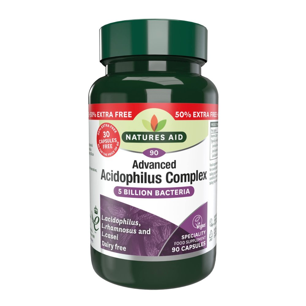 Natures Aid Acidophilus Complex 5 Billion Bacteria CFU High Strength Supplement Lactobacillus Acidophilus Rhamnosus Casei Supports Digestive & Immune Health Vegan Gluten-Free Non-GMO 90 Capsules