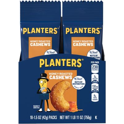 Planters Cashews Honey Roasted & Salted 1.5 Ounce Single Serve Bag (Pack Of 18)
