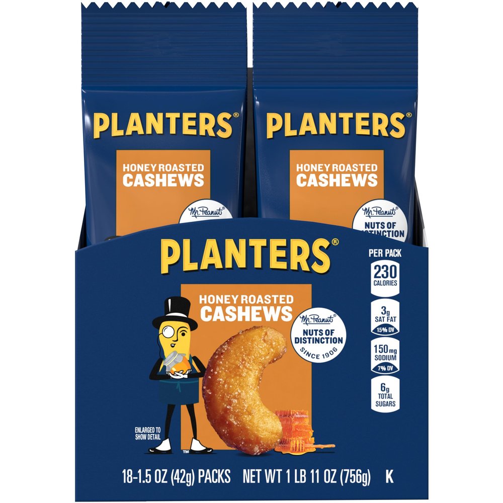 Planters Cashews Honey Roasted & Salted 1.5 Ounce Single Serve Bag (Pack Of 18)