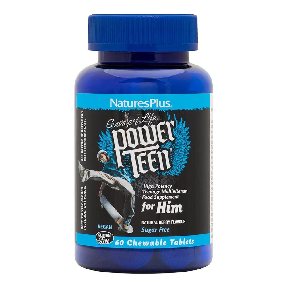 NaturesPlus Power Teen for Him - Tasty Plant Based Chewable Multi Vitamins and Minerals for Teen Boys - Vegan, Gluten Free - 60 Wild Berry Flavour Tablets