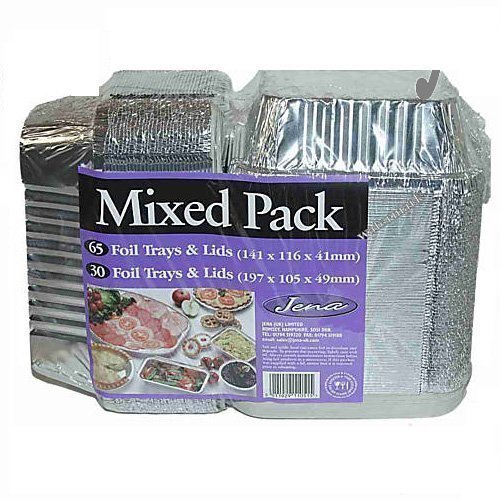 Jena Mix Trays+Lids Takeaway Aluminium Disposable Food Foil Container, Pack of 95, 1.5 kg,Silver,COST62840