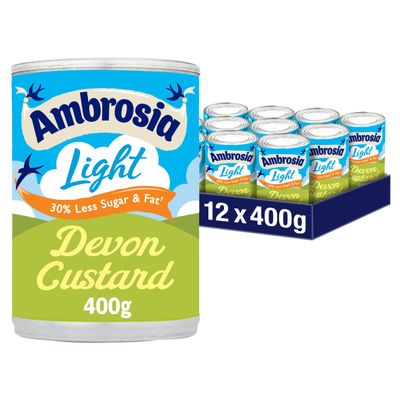 Ambrosia Light Devon Custard Cans, 30% Less Sugar & Fat, Creamy Ready-to-Eat Dessert, 400 g (Pack of 12)