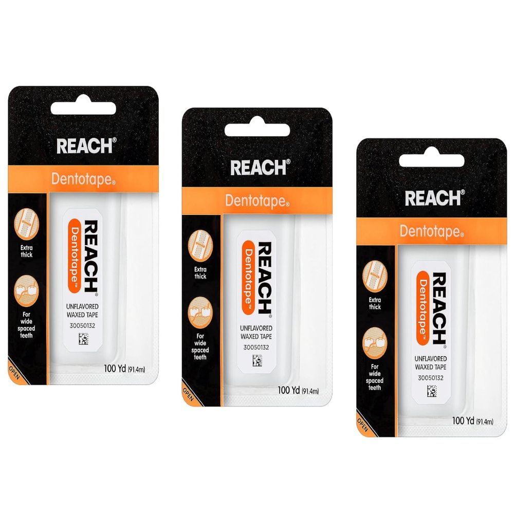 Reach Dentotape Waxed Dental Floss with Extra Wide Cleaning Surface for Large Spaces Between Teeth, Unflavored, 100 Yards (Pack of 3)