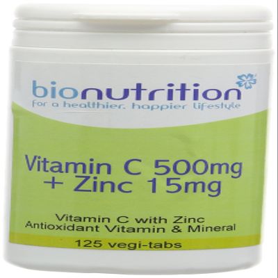 Bio Nutrition Vitamin C 500mg + Zinc 15mg : Antioxidant and Immune Vitamin and Mineral Combination : 125 Vegi Tablets
