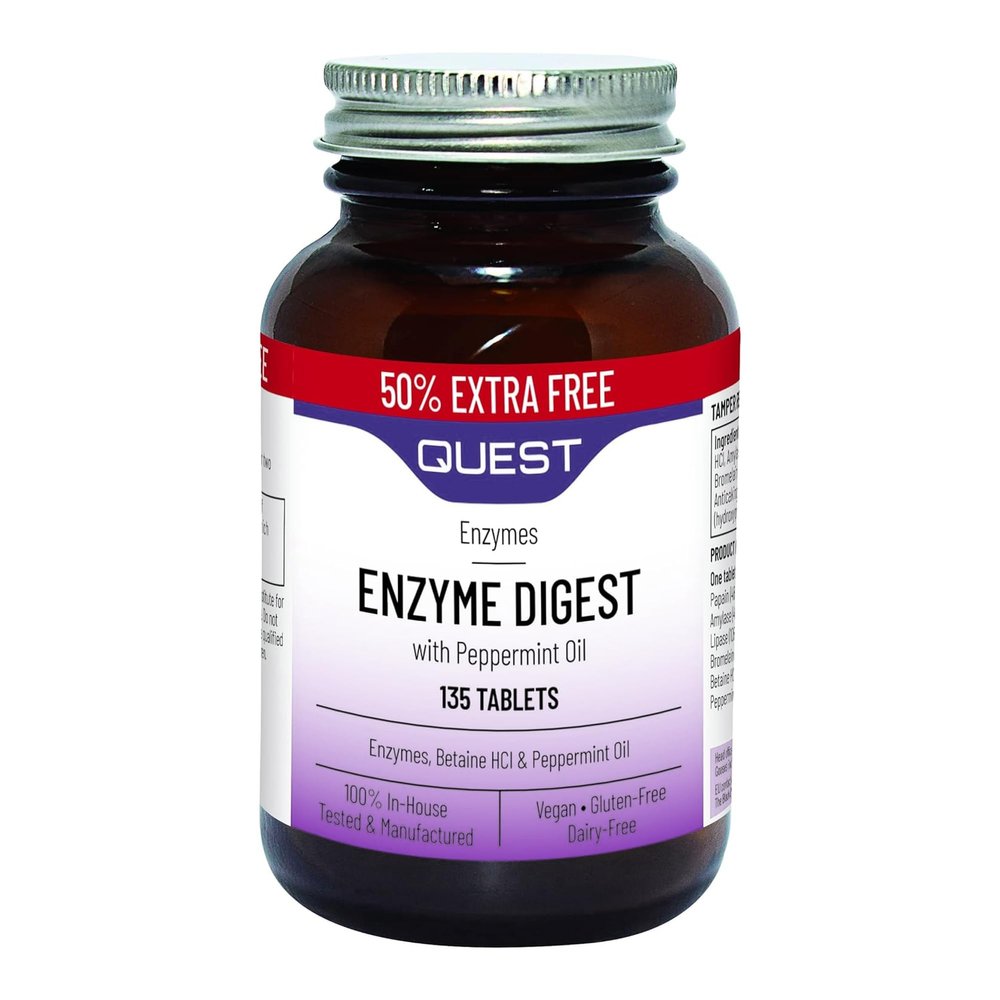 Quest Enzyme Digest With Peppermint Oil & Betaine. 90+45 Vegan Tablets For Bloated Stomach And Indigestion. Dairy & Gluten Free Enzymes Digestion Supplement For Bloating And Heartburn Relief (1 Pack)