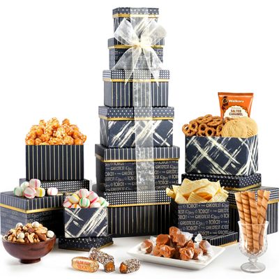 Broadway Basketeers Food Gift Basket Tower Snack Gifts for Women, Men, Families, College, Delivery for Holidays, Appreciation, Thank You, Corporate, Get Well Soon Care Package