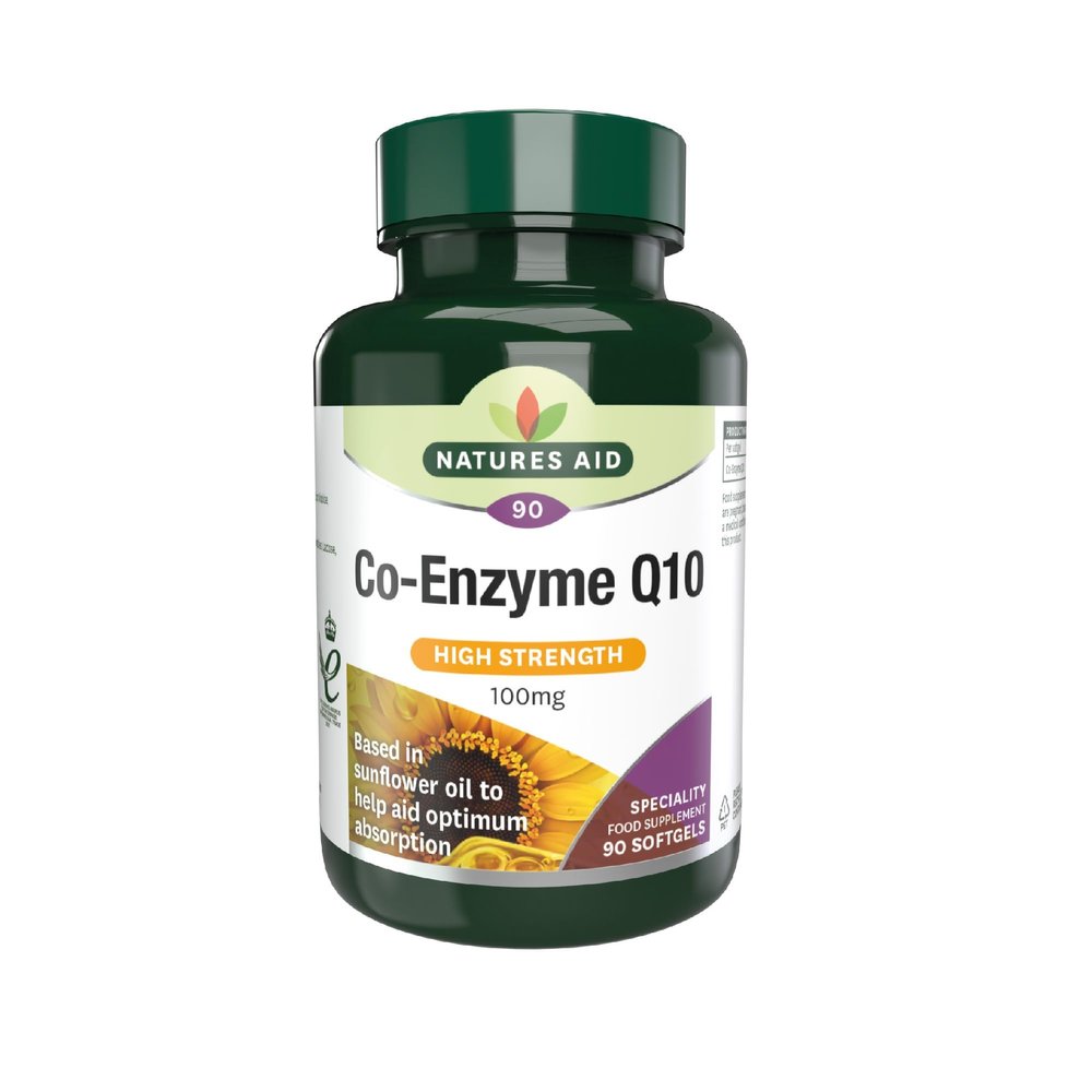 Natures Aid Co-Q-10 100mg Co-Enzyme Q10 Supports Energy Production & Heart Function High Strength Ubiquinone Pack of 90 Softgels Gluten Free Non-GMO Sunflower Oil Base for Absorption
