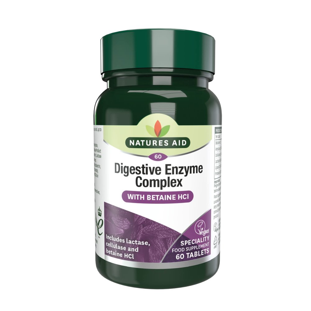 Natures Aid Digestive Enzyme Complex Supports Digestion, Bloating & Discomfort Relief and Nutrient Absorption Betaine HCl - Vegan, Vegetarian, Non-GMO 60 Tablets