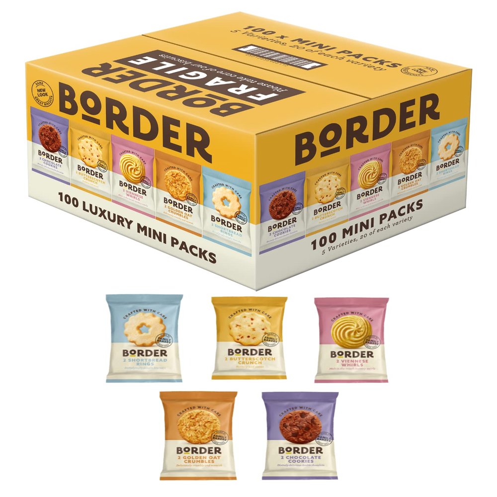 Border Biscuits 100 Packs, Multipacks Box, 5 Flavour Variety 2 per pack, Individually Wrapped Cookies, Gift Set, Hotels, B&Bs, Conference, Office, Meeting Room, School Lunch Box, Uni, College, Cafe
