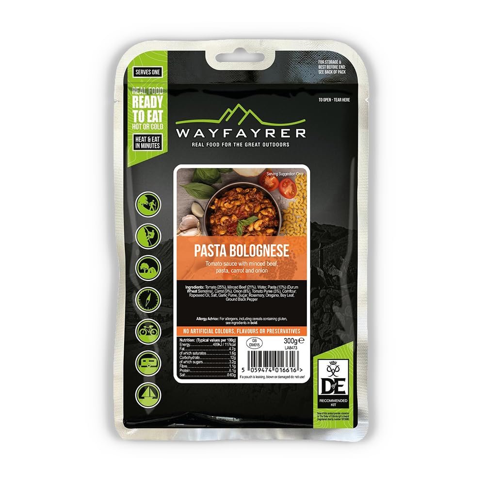 Wayfayrer Camping Food 300g Ready to Eat, Hot or Cold, Meal Pouch | Duke of Edinburgh Recommended Kit | Camping, Hiking, Fishing and Outdoor Adventures (Pasta Bolognese)
