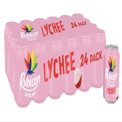 Rubicon 24 Pack Sparkling Lychee Flavoured Fizzy Drink with Real Fruit Juice, Handpicked Fruits for a Temptingly Intense Taste "Made of Different Stuff" - 24 x 330ml Cans (packaging may vary)