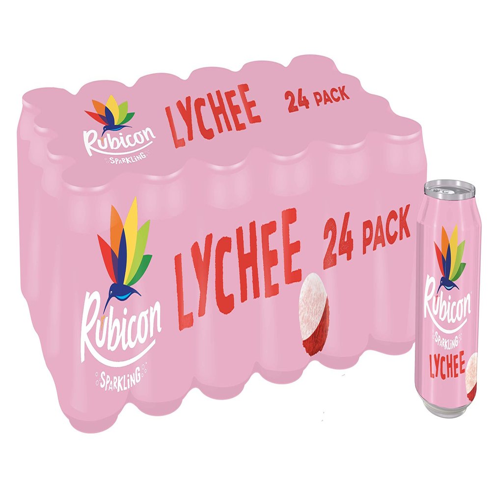 Rubicon 24 Pack Sparkling Lychee Flavoured Fizzy Drink with Real Fruit Juice, Handpicked Fruits for a Temptingly Intense Taste "Made of Different Stuff" - 24 x 330ml Cans (packaging may vary)
