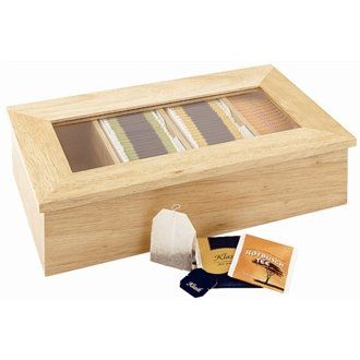 APS CB808 Tea Box, 4 Compartment, Light Wood With Plastic Window
