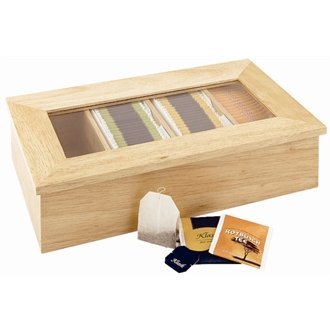 APS CB808 Tea Box, 4 Compartment, Light Wood With Plastic Window
