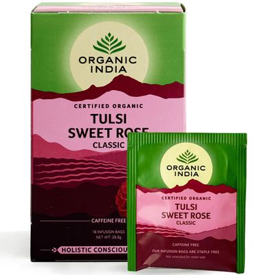 Organic India Tulsi Sweet Rose Tea - Organic Tulsi, Chamomile & Rose Infusion - Soft Floral Herbal Blend with Natural Sweetness - Caffeine-Free for Relaxation - 18 Individually Wrapped Tea Bags