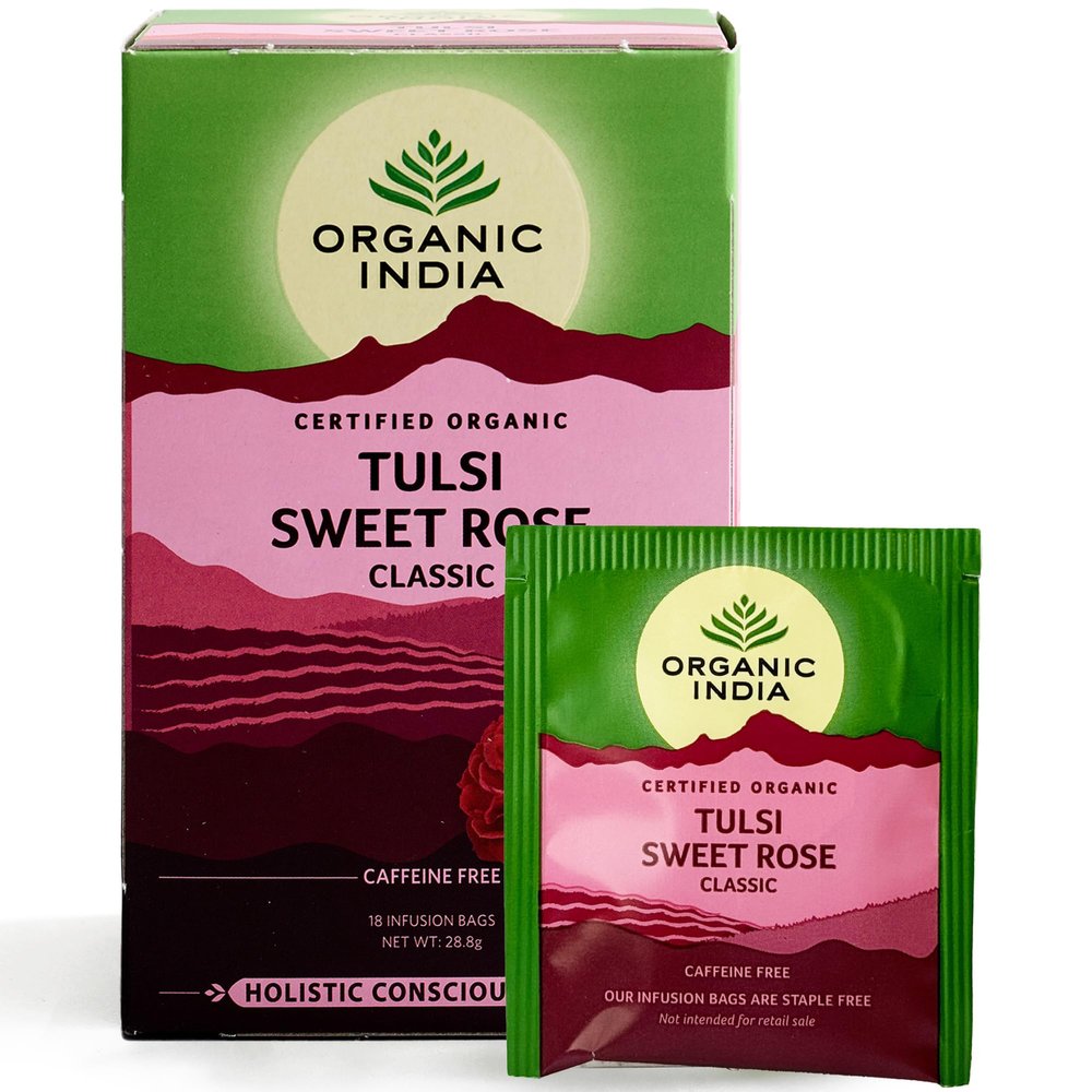 Organic India Tulsi Sweet Rose Tea - Organic Tulsi, Chamomile & Rose Infusion - Soft Floral Herbal Blend with Natural Sweetness - Caffeine-Free for Relaxation - 18 Individually Wrapped Tea Bags