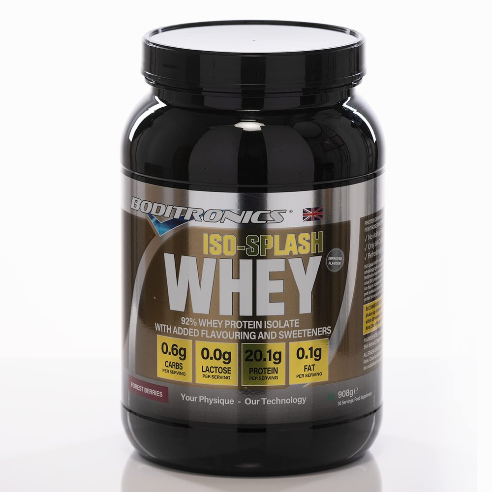 Boditronics 908g Iso Splash Whey Protein for 100% Isolate Whey Protein Take Post Workout Protein Shake with Zero Sugar Zero Fat (Forest Berries)