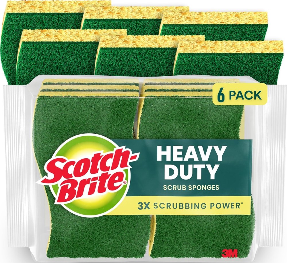 Scotch-Brite Heavy Duty Scrub Sponge, 6 Kitchen Sponges Designed for Tough Messes in the Kitchen that Last 3X Longer*, Best for Cast Iron Skillets and Outdoor Grills, Flexible, Durable, and Strong