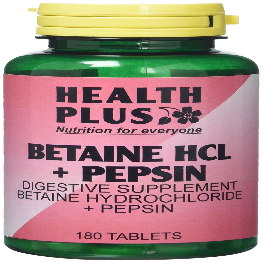 Health Plus Betaine Hcl + Pepsin : Digestive Health Supplement : 180 Tablets, in a planet-friendly 99% recycled pot
