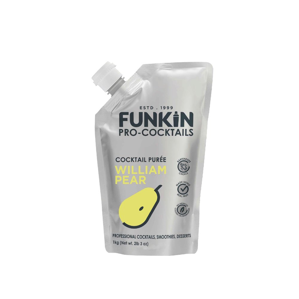 FUNKIN William Pear Puree Cocktail Mixer | Made with Real Fruit | Fresh Fruit Puree for Professional Cocktails, Smoothies, & Desserts | 0% ABV | Resealable Pouch | 1kg, Pack of 5