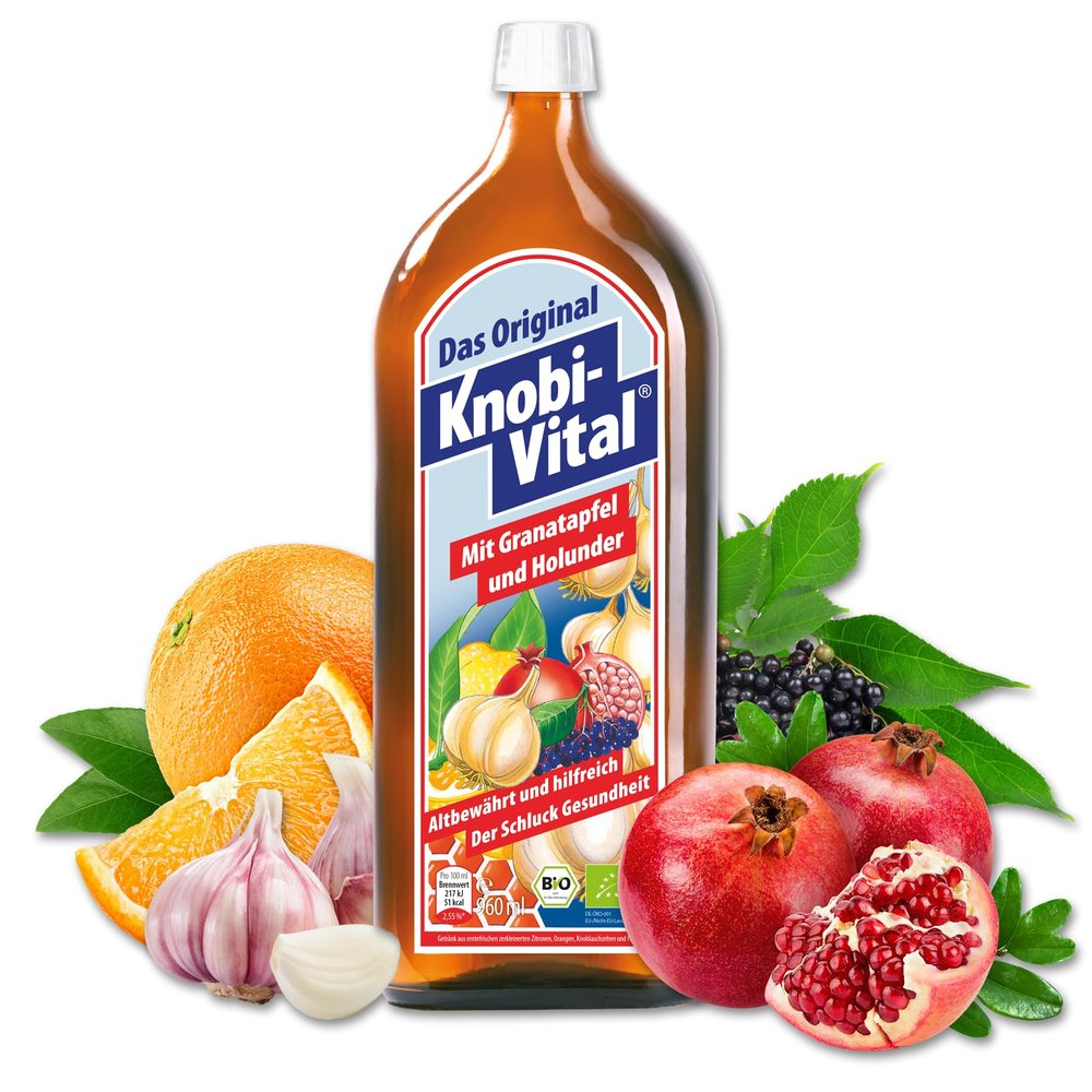 KnobiVital With Pomegranate & Elderberry Organic (960 ml) I Highly Concentrated Garlic Juice with Thiamine for Energy, Nerves & Heart I Natural & No Additives