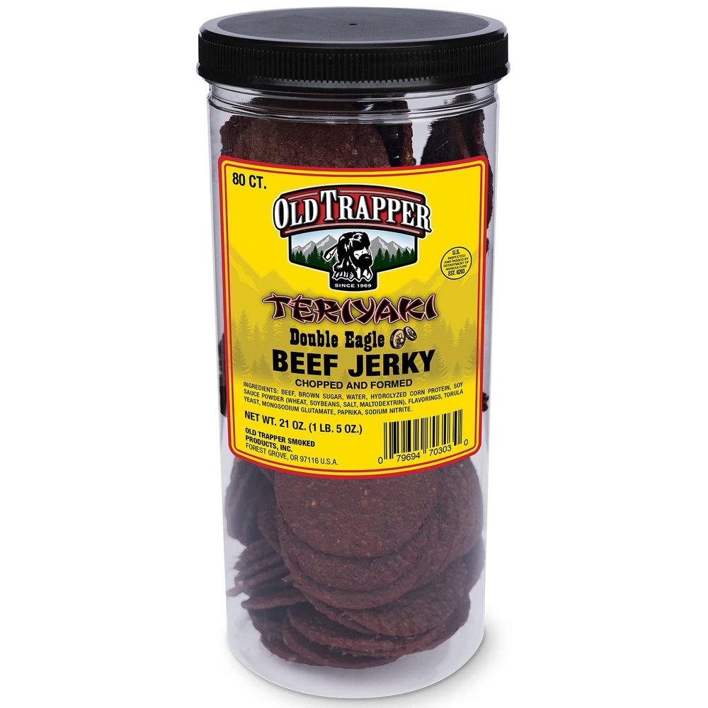 Old Trapper Teriyaki Double Eagle Beef Jerky | Traditional Style Real Wood Smoked Made From 100% Lean Beef | 1 Jar (80Piece), 80Count