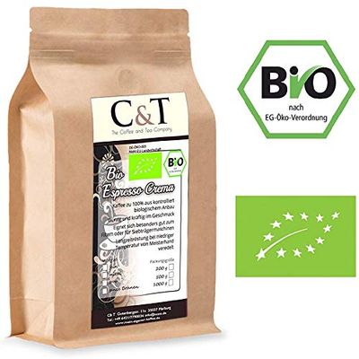 C&T Bio Espresso Crema | Cafe 1000 g Whole Beans in Kraft Paper Bags | Organic Coffee for Portafilter, Bean-to-Cup Machine, Espresso Makers