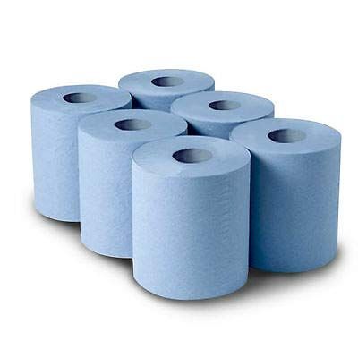 6 ROLLS (1 X 6 PACKS) BLUE PAPER WIPE CENTRE FEED TOWEL