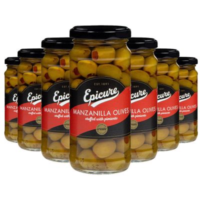 Epicure Mediterranean Manzanilla Olives Stuffed Pimiento, Savoury Staple for Wholesome Recipes, 240 g (Pack of 12)