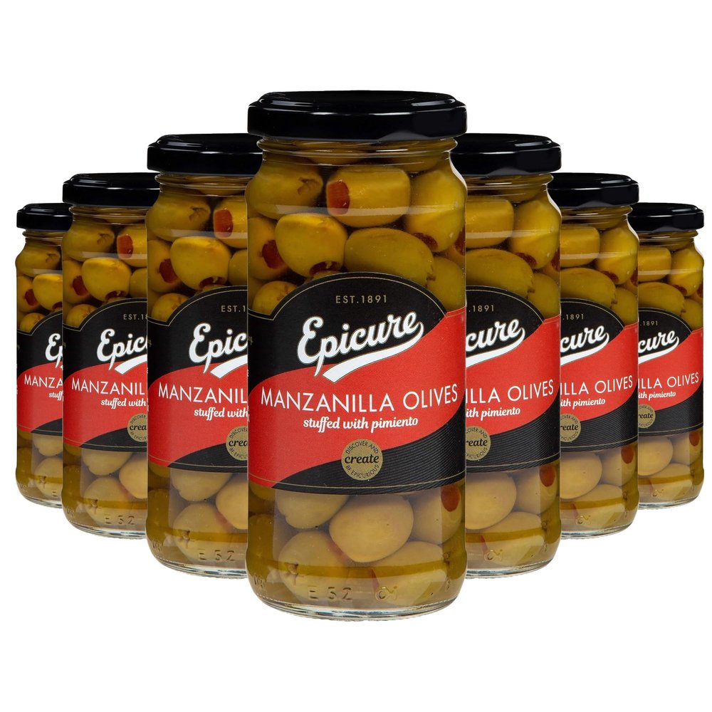 Epicure Mediterranean Manzanilla Olives Stuffed Pimiento, Savoury Staple for Wholesome Recipes, 240 g (Pack of 12)