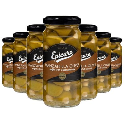Epicure Mediterranean Manzanilla Olives Stuffed Whole Almonds, Gourmet Drupe Bold Flavour, 240 g (Pack of 12)