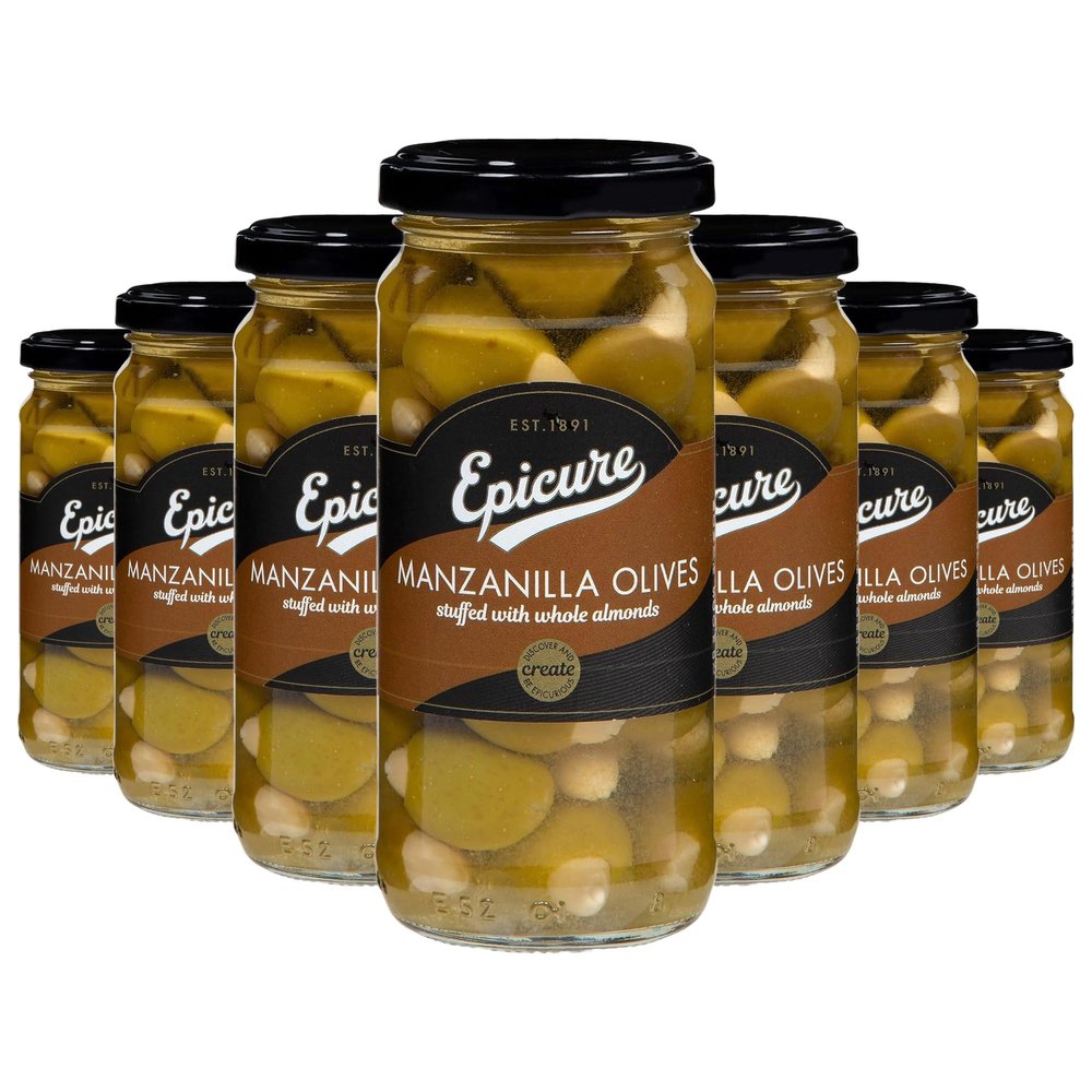 Epicure Mediterranean Manzanilla Olives Stuffed Whole Almonds, Gourmet Drupe Bold Flavour, 240 g (Pack of 12)